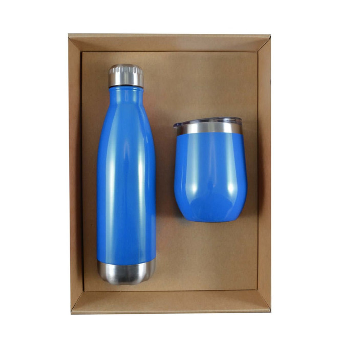 A blue drink bottle and a blue cup packaged together in a cardboard gift set. Both have a sleek design and silver accents.