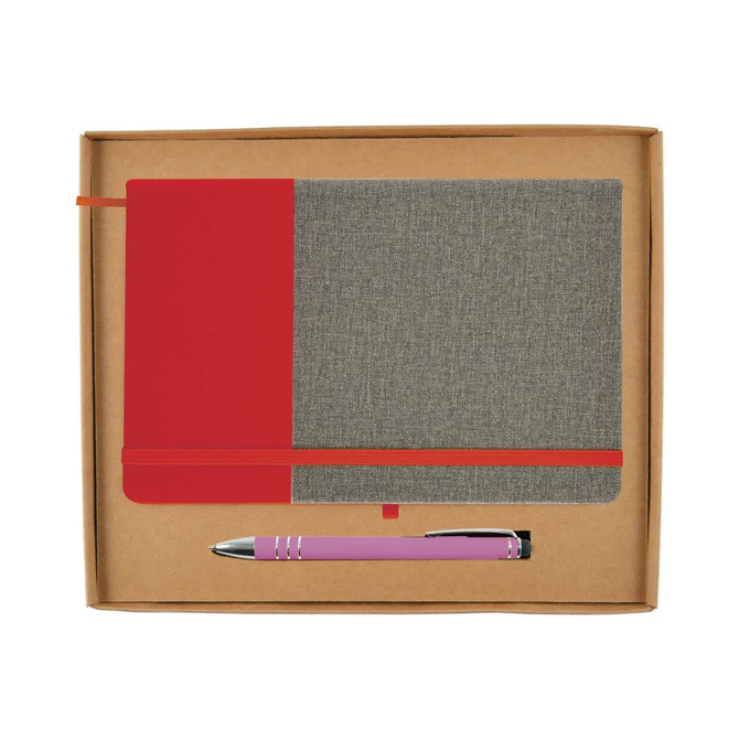 A grey notebook with a red cover and a pink pen, packaged in a brown gift box.