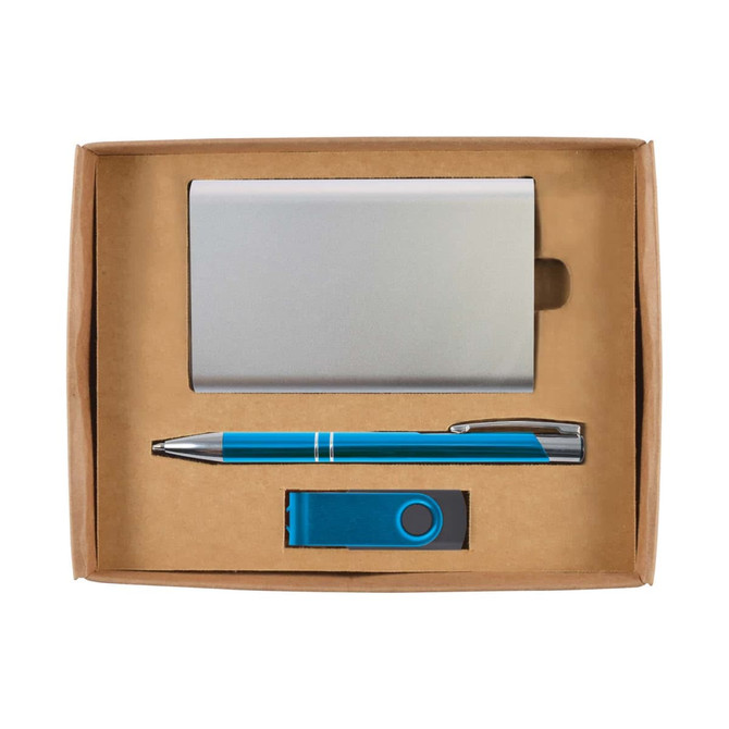 A gift set containing a metallic cardholder, a blue pen, and a blue USB flash drive, all presented in a cardboard box.
