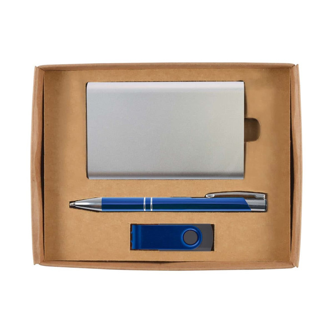 A blue pen, silver cardholder, and blue USB flash drive in a cardboard gift set.