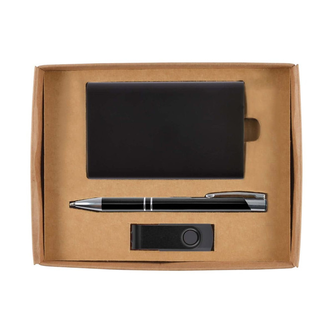 A gift set featuring a black wallet, a silver pen, and a USB flash drive, all presented in a cardboard box.
