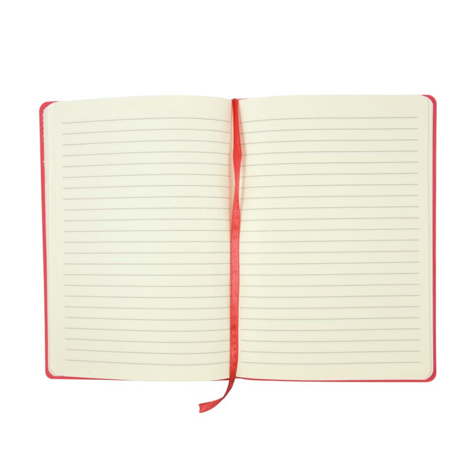 An open Genesis A5 notebook with lined pages and a red cover, featuring a red ribbon marker.