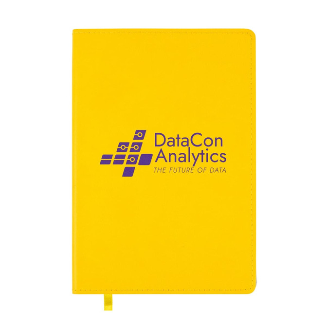 A yellow Genesis A5 Notebook featuring the printed logo of DataCon Analytics, labeled "THE FUTURE OF DATA."