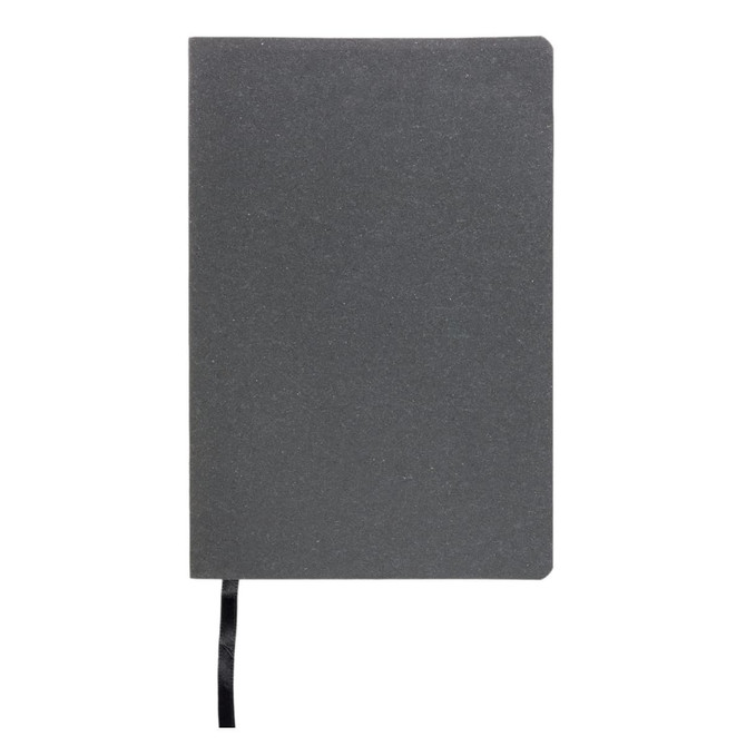 A recycled leather notebook featuring a soft cover in a dark gray tone, with a ribbon marker.