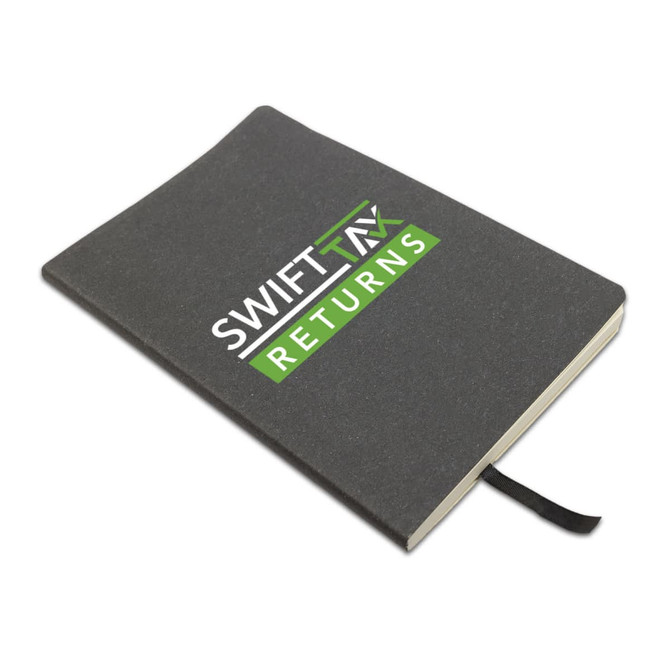 A recycled leather notebook with a soft cover, featuring "SWIFT TAX RETURNS" printed on the front.