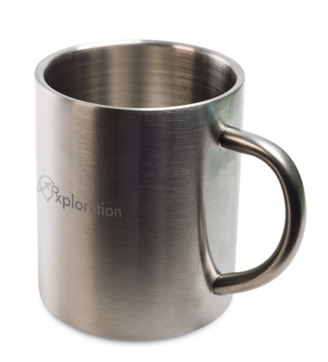 A stainless steel coffee mug with a sleek finish and a handle, featuring the logo "Exploration" on its side.