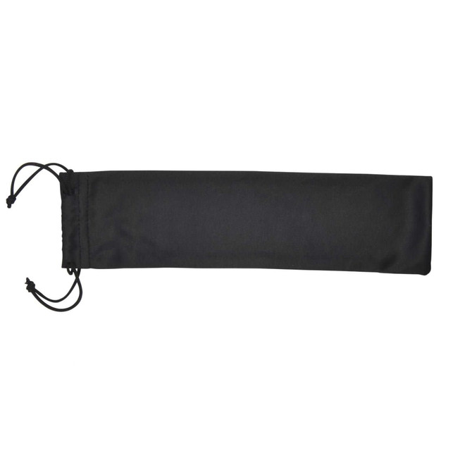 A black microfibre drawstring pouch is displayed, featuring drawstrings on either end for secure closure.