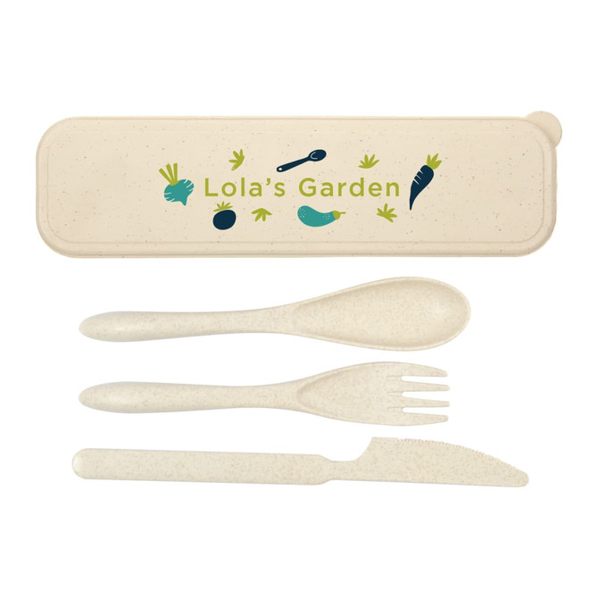 A beige cutlery set in a matching case, featuring a spoon, fork, and knife, with a logo design.