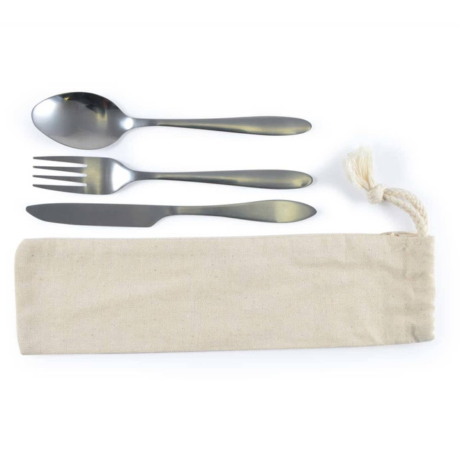 A cutlery set in a calico pouch, including a spoon, fork, and knife. The utensils feature a sleek metallic finish.