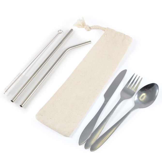 A stainless steel cutlery and straw set in a calico pouch, featuring a fork, knife, spoon, and two straws.