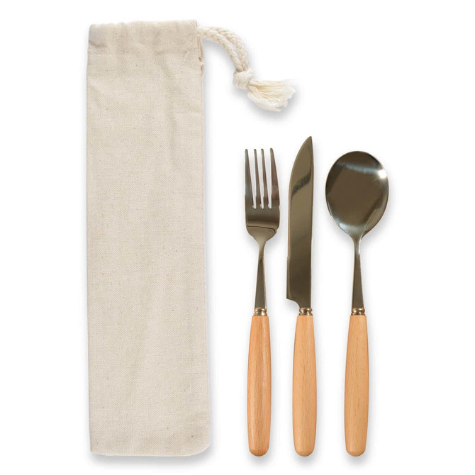 A cutlery set featuring a fork, knife, and spoon with wooden handles, neatly packaged in a natural fabric pouch.
