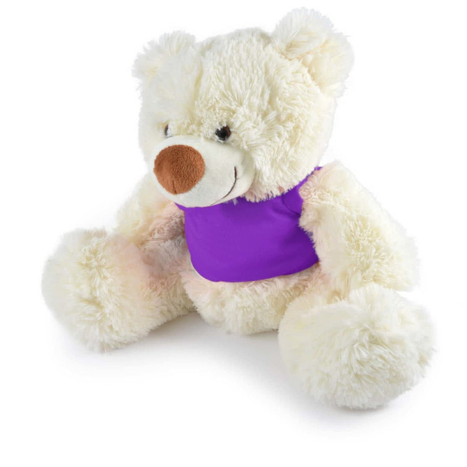 A Coconut Plush Teddy Bear with a soft, fluffy cream-colored fur and a purple shirt.