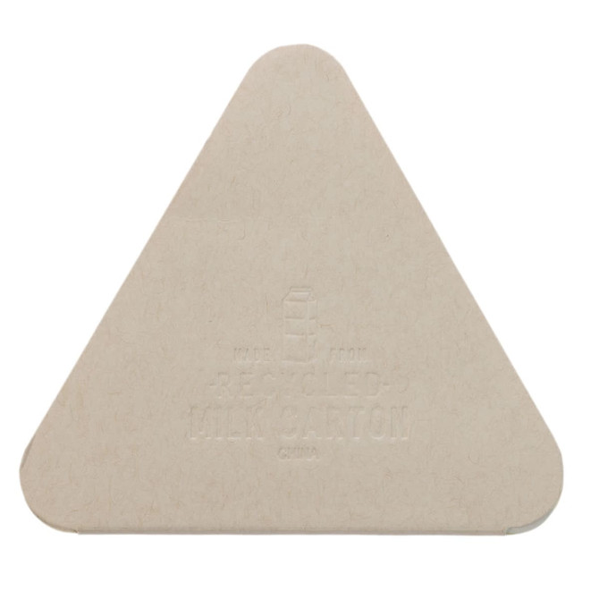 A triangular sticky note made from recycled milk cartons, featuring a textured surface.