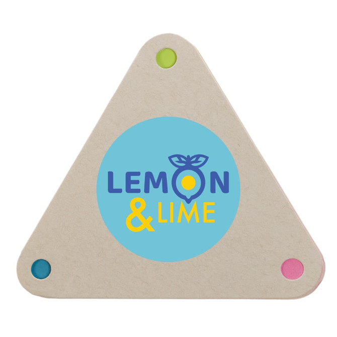 A triangular sticky note holder in beige with a blue center and colorful dots in green, pink, and yellow.