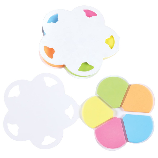 A flower-shaped set of sticky notes in pastel colors: orange, pink, green, and yellow, with a white holder.