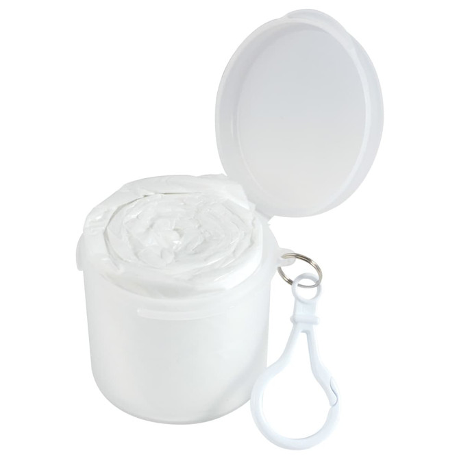 A white Storm Poncho packed in a convenient container with a removable lid and attached clip for easy carrying.