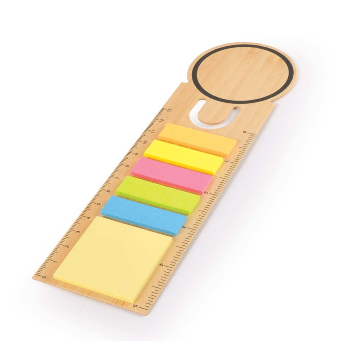 A bamboo bookmark featuring a circular top and multiple colored sticky notes in yellow, pink, and blue.