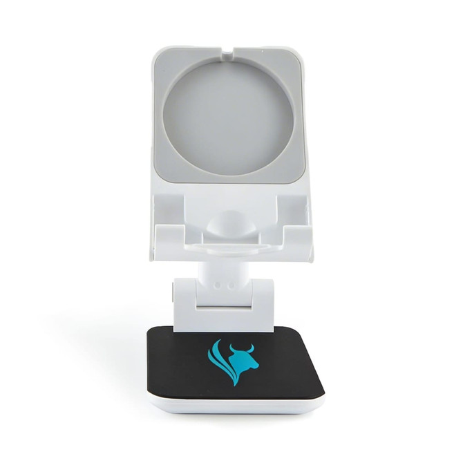 A white phone stand with a black base and a logo, designed to hold mobile devices securely.