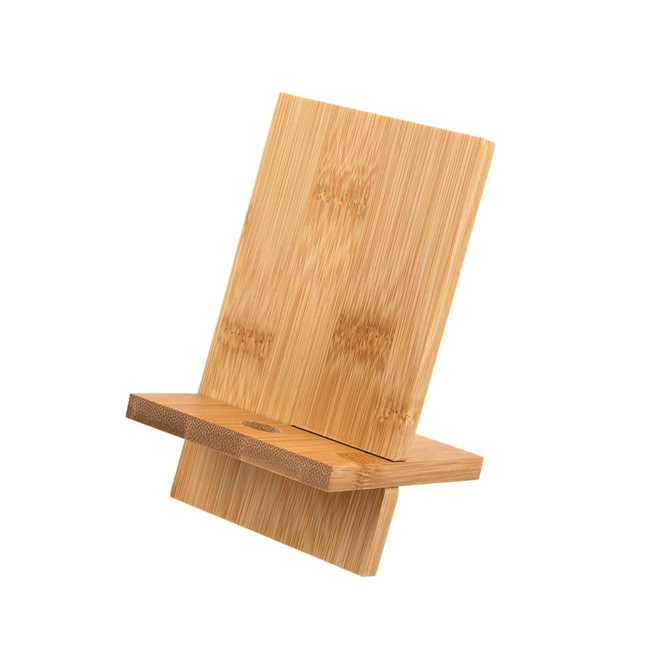 A bamboo phone stand with a natural finish, featuring a minimalist design and a textured base. It has a logo displayed.