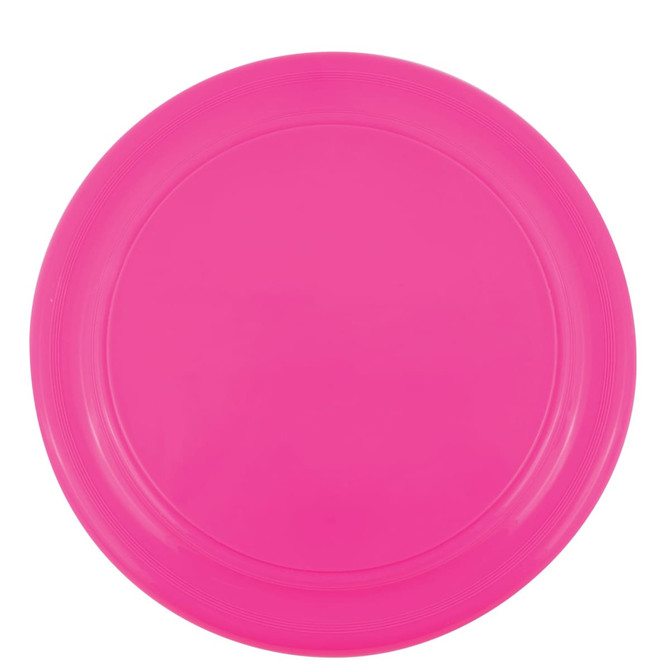 A pink frisbee with a smooth surface and a circular shape.
