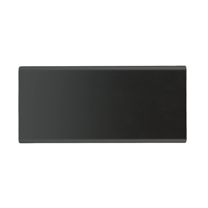 A sleek black power bank with a smooth surface and a logo, designed for charging devices on the go.