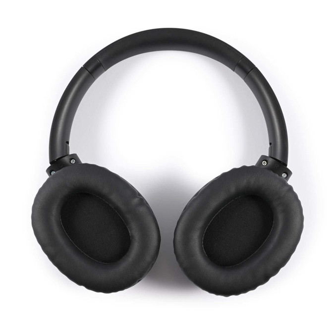 A pair of black ANC headphones with cushioned ear cups, featuring a sleek design and a headband.