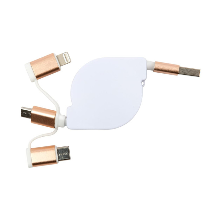 A retractable charging cable in white and gold, featuring three connectors for different devices. It includes a logo.