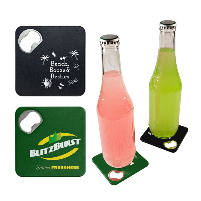 A drink bottle opener and coaster set featuring black and green coasters and colorful beverage bottles. Each coaster has a logo.