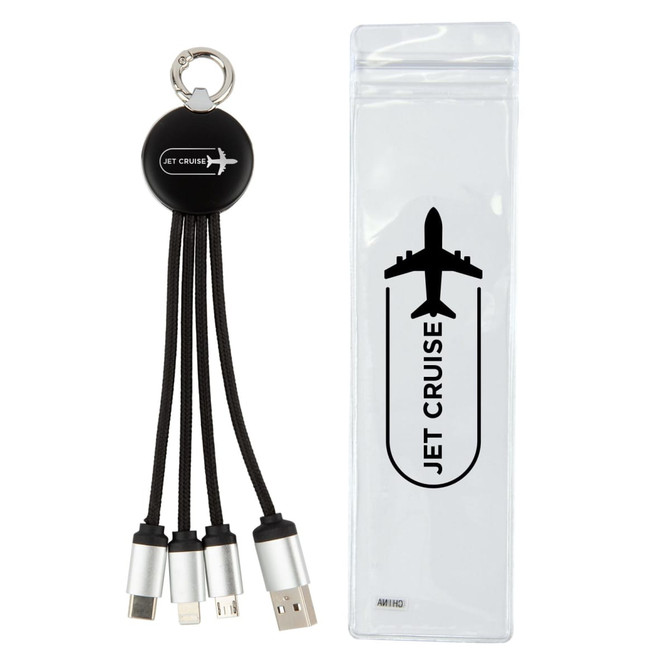 A charging cable set featuring multiple connectors in black and silver, packaged in a clear case.