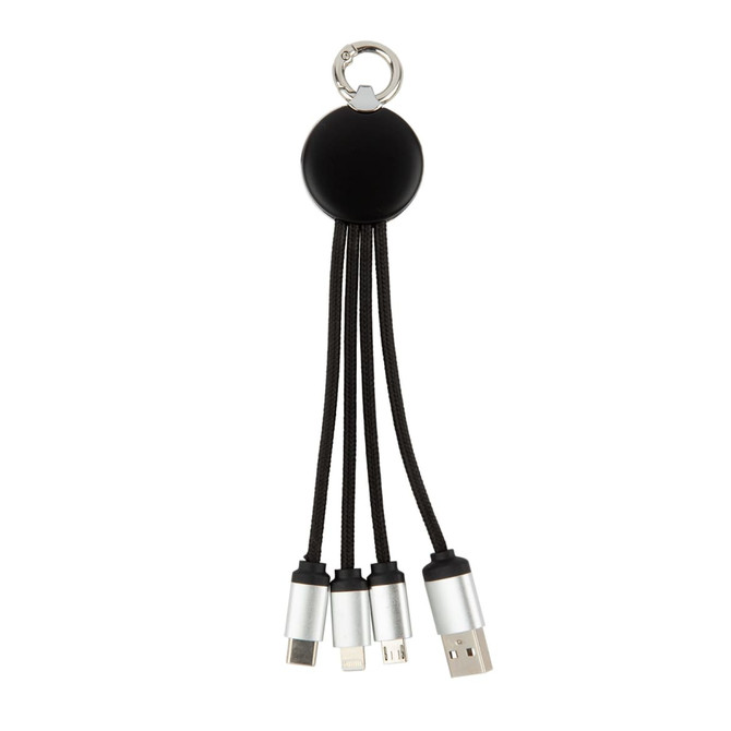 A black charging cable with three connectors and a keychain attachment, featuring a sleek and compact design.