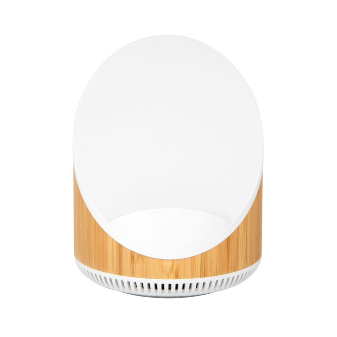 A wireless speaker and charger with a bamboo base and a sleek white top, featuring a minimalistic design.