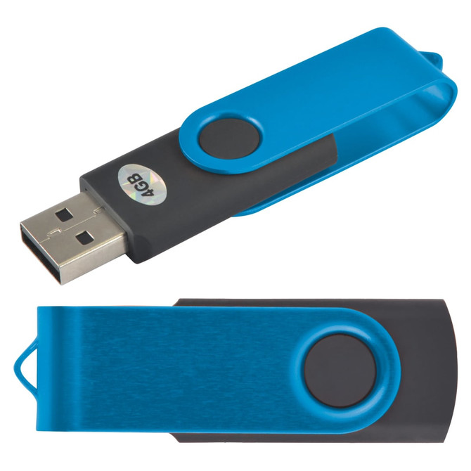 A Swivel USB Flash Drive in blue and black with a clip design. The drive features a shiny blue casing and a silver logo.