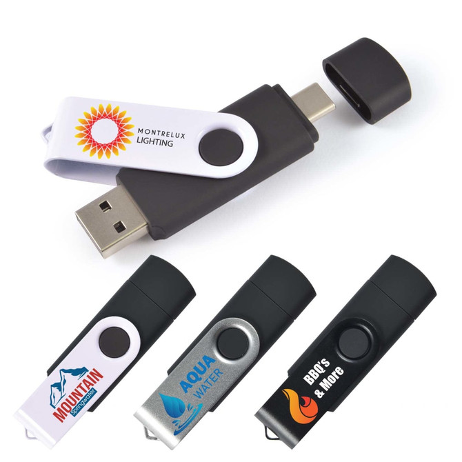 A collection of swivel USB flash drives in black and white, featuring various designs and logos.