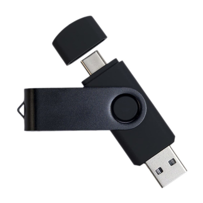 A black swivel USB flash drive with dual connectors, featuring a rotating design and a protective cap.