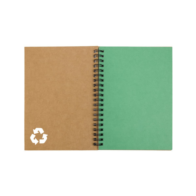A spiral-bound notebook with a brown cover and a green interior, featuring a recycling logo on the front.