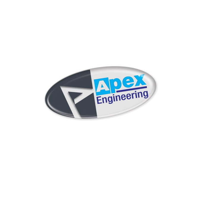 An oval resin-coated label featuring the text "Apex Engineering" in blue and black, set against a glossy background.