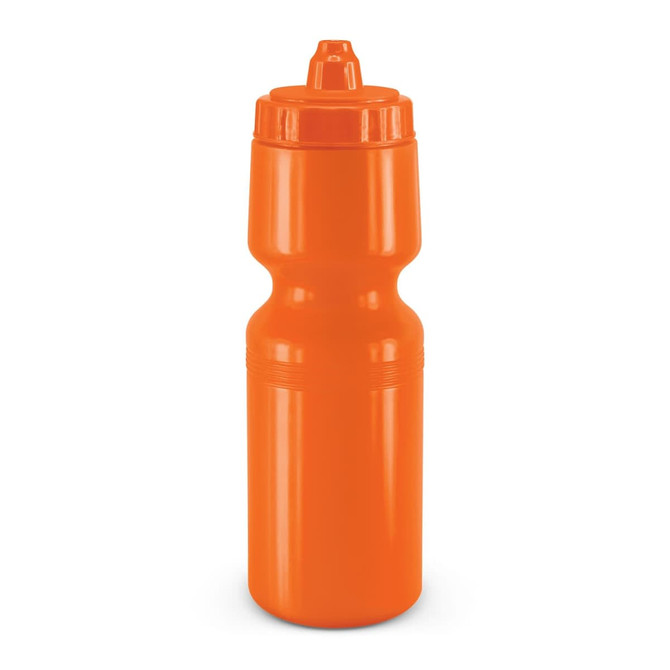 A drink bottle in bright orange with a squeezable design and a flip-top cap.