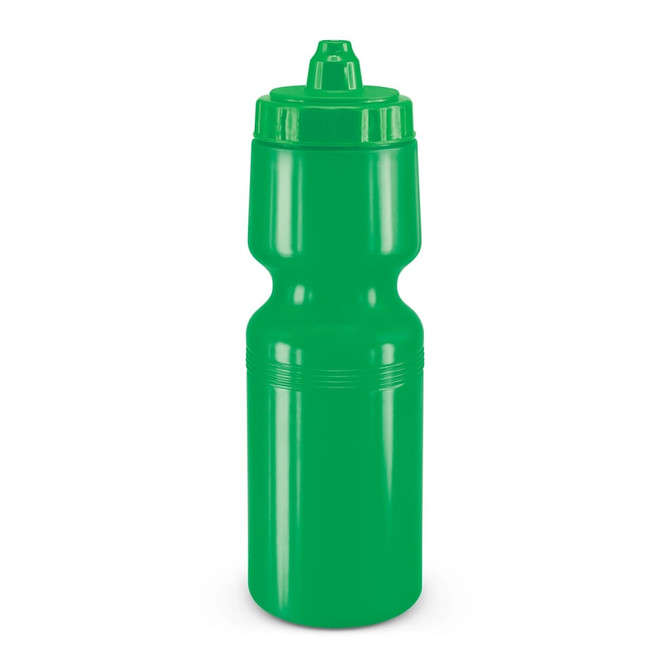 A drink bottle in bright green color with a twist-top lid and a contoured design for easy grip.