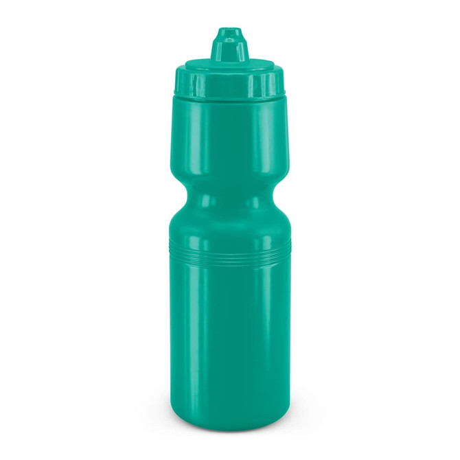 A drink bottle in vibrant teal with a wide body and a sports-style cap. It features a logo on the side.