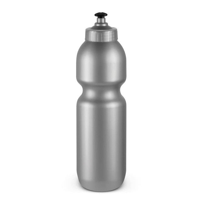 A drink bottle featuring a sleek silver design with a black nozzle cap.