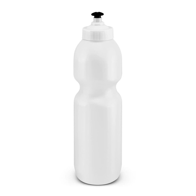 A drink bottle with a sleek, white design and a black dispensing nozzle on top.
