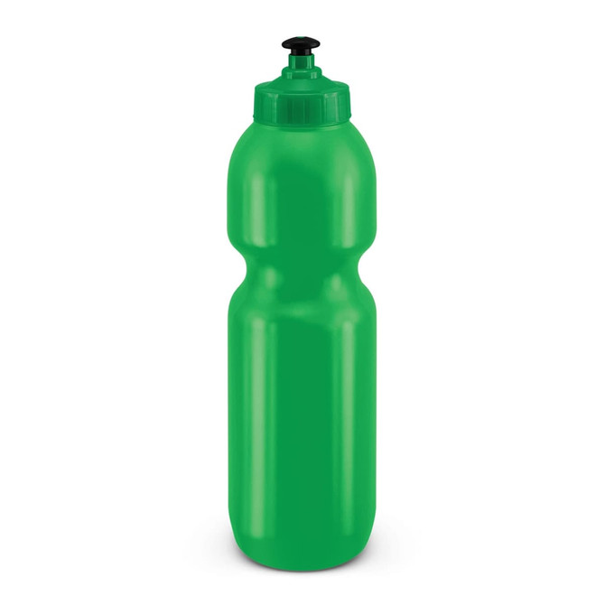 A drink bottle with a sleek green design featuring a screw-on lid and a flip-top spout.