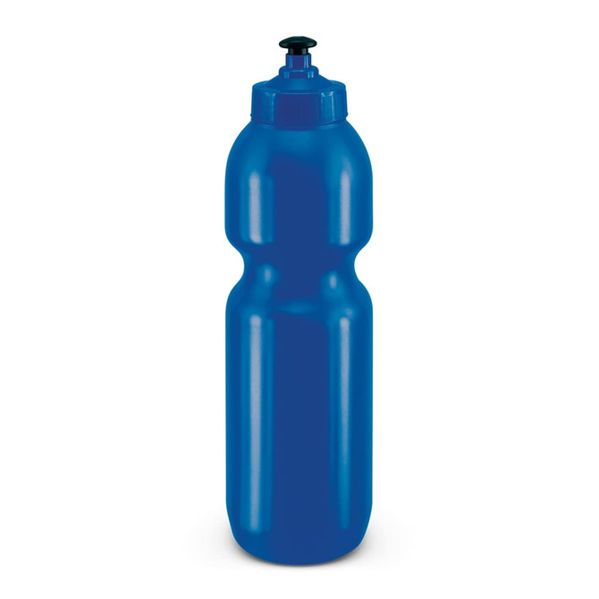 A drink bottle in a vibrant blue color with a squeeze design and a black top nozzle.