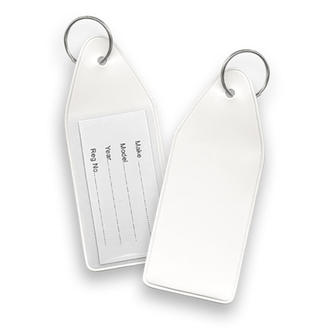 A white vinyl key tag with a keyring, featuring a blank area for writing information on both sides.