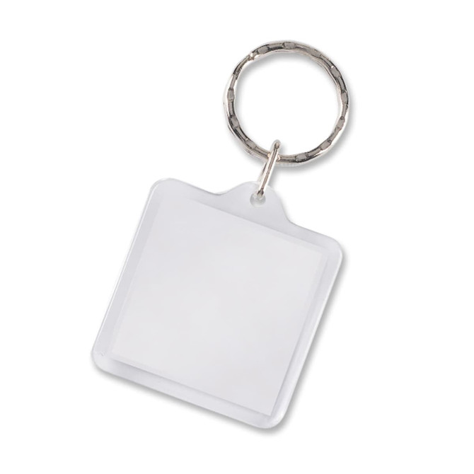 A square key ring with a clear placeholder for customization and a metal ring attachment.