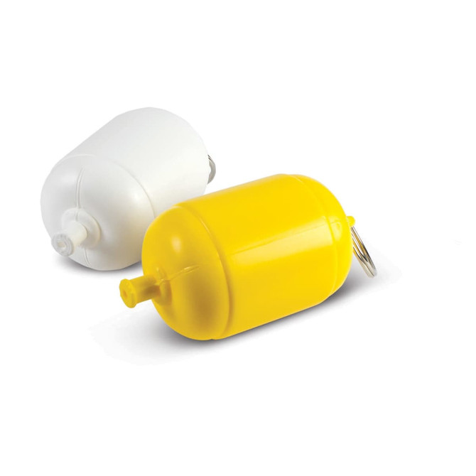A floating key ring featuring a yellow and a white buoy design, equipped with a key ring attachment.