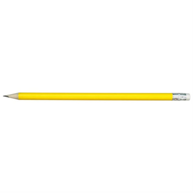 A grey-lead HB pencil with a yellow shaft and a sharpened tip.