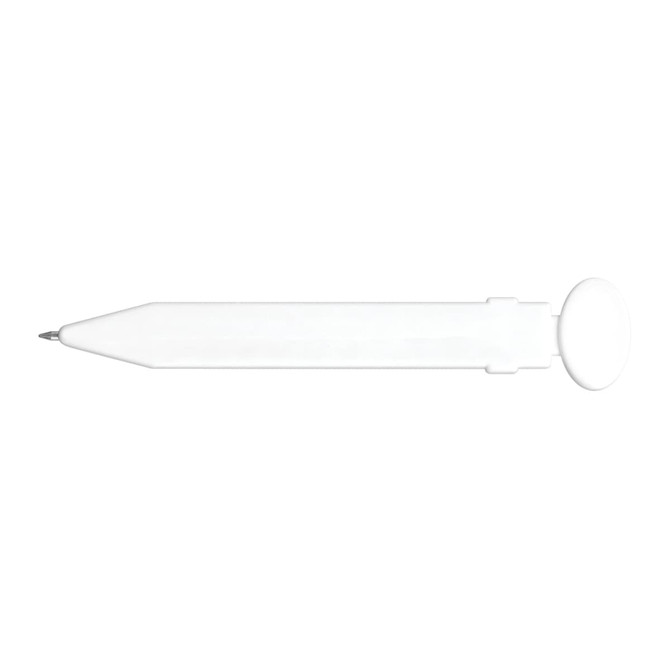 A plastic pen designed to adhere to magnetic surfaces, featuring a sleek white design and a round magnet on the top end.