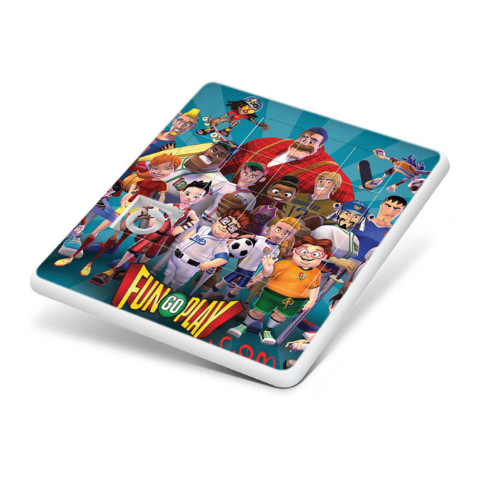 A puzzle featuring a vibrant illustration of various characters in an action-packed scene, with bright colours and playful design.