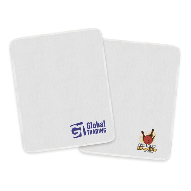 A polishing cloth with a smooth white surface, featuring the logos of Global Trading and Gallery Bowling.